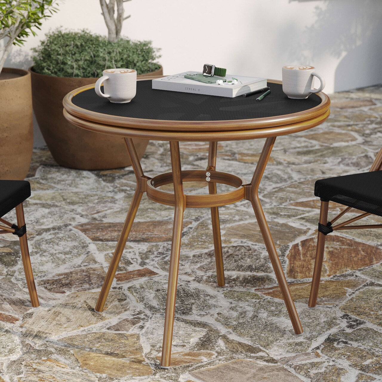 Merrick Lane Mael Bistro Style Table with Tempered Glass Top, Textilene, and Bamboo Finished Metal Frame for Indoor/Outdoor Use